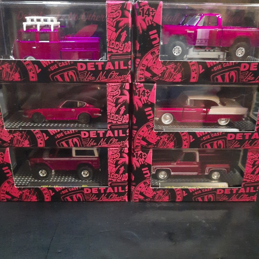 M2 Machines Pink Chrome Series Chevy VW Nissan Ford Dodge FULL SET Of 6 W Sleeve