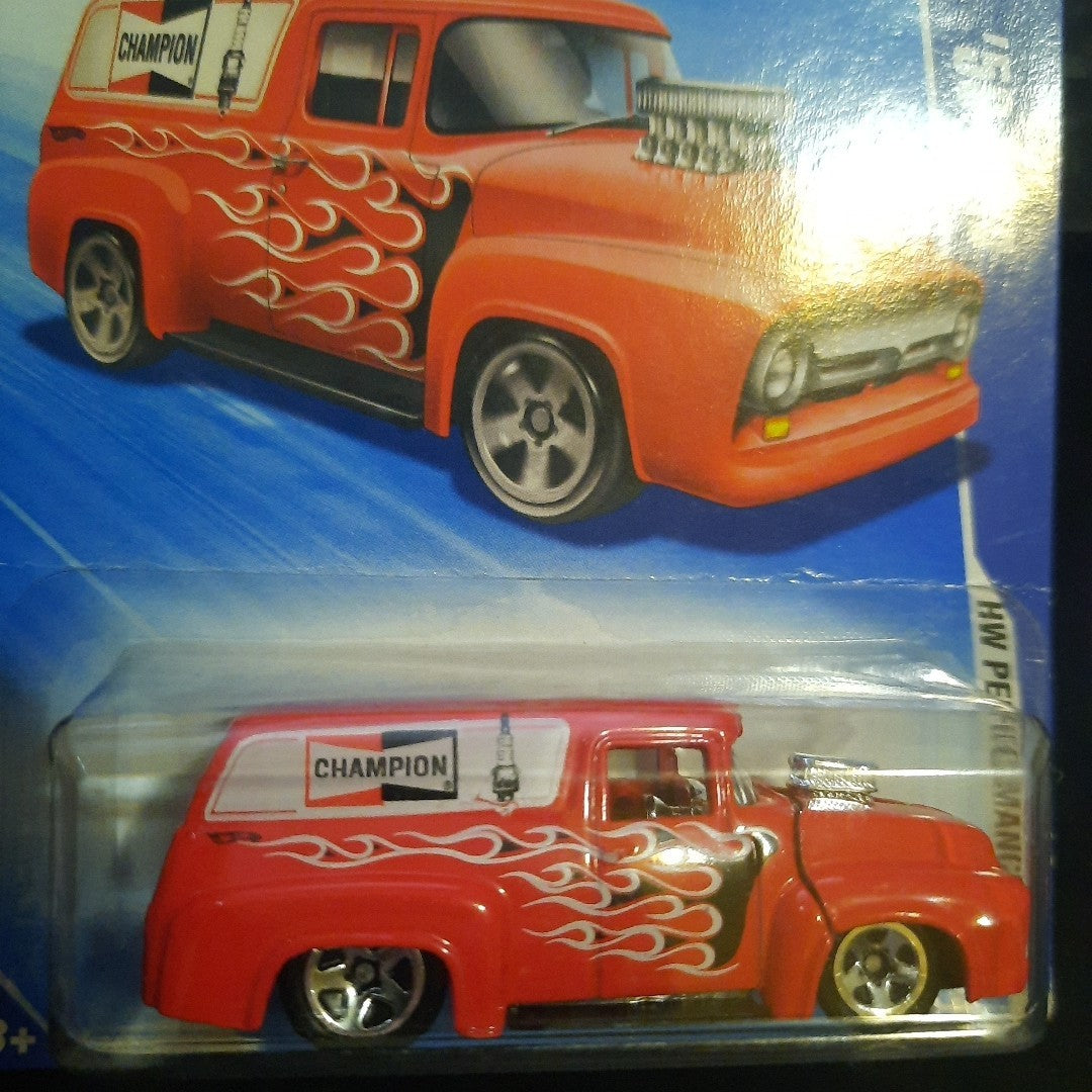 2009 HOT WHEELS 56 Ford Panel Van Champion Red (Hood Opens)