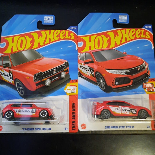 2025 Hot Wheels Red '73 Honda Civic Custom/2018 Type R Then And Now 2 Pack